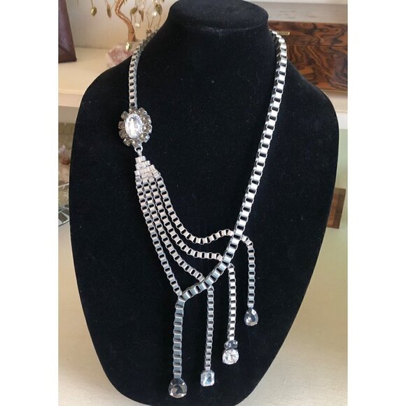 Fashion Jewelry Pewter Necklace Large Dripping Rhinestones 22" to 27" - Picture 3 of 12